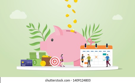 Monthly Budget Planning Concept With Saving Piggy Icon And Calendar With Team People And Modern Flat Style - Vector