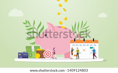 monthly budget planning concept with saving piggy icon and calendar with team people and modern flat style - vector