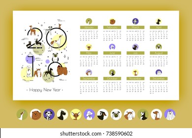 Monthly Business Calendar 2018 with Breeds Dogs. Memphis style. Template. Vector Art. Isolated