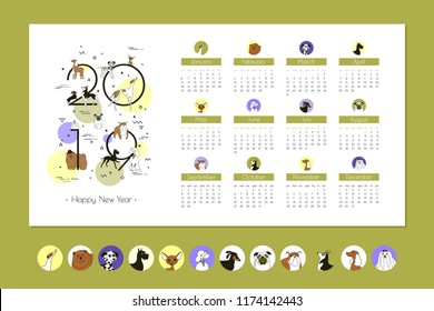 Monthly Business Calendar 2019 with Breeds Dogs, Memphis style, Template, Vector Art, Isolated