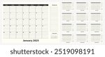 Monthly Business Desk Pad Calendar for year 2025, 12 month. Calendar planner with to-do list and place for notes in black and white design.