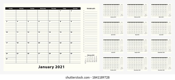 Monthly Business Desk Pad Calendar for year 2021, 12 month. Calendar planner with to-do list and place for notes in black and white design.