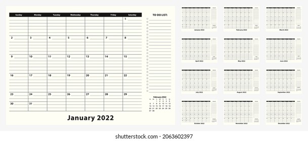 Monthly Business Desk Pad Calendar for year 2022, 12 month. Calendar planner with to-do list and place for notes in black and white design.