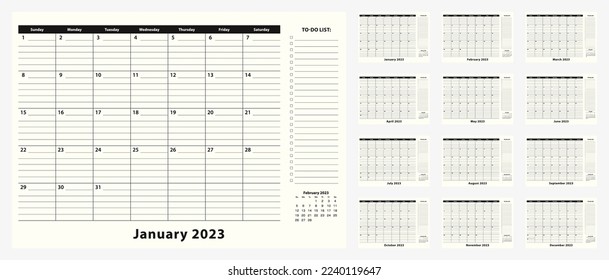 Monthly Business Desk Pad Calendar for year 2023, 12 month. Calendar planner with to-do list and place for notes in black and white design.