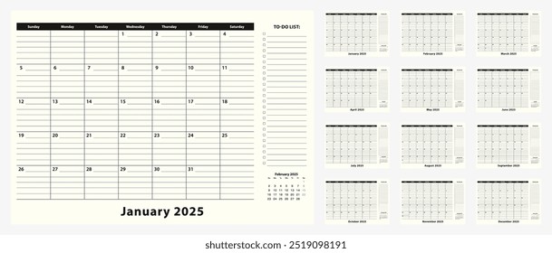 Calendário mensal de almofada de mesa de negócios para o ano de 2025, 12 meses. Planejador de calendário com lista de tarefas e local para anotações em preto e branco.