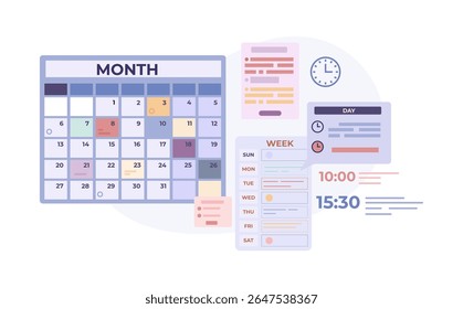 Monthly business schedule, work meetings, day planning. Time to job, office manager planners, daily notes and reminders. Time management vector concept