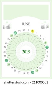 Monthly calendar for 2015. Highlighted saturday, sunday, full moon (UTC). 3:2 aspect ratio. Editable. Blank space for logo or image on the top. June.