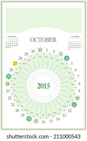 Monthly calendar for 2015. Highlighted saturday, sunday, full moon (UTC). 3:2 aspect ratio. Editable. Blank space for logo or image on the top. October.