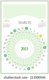 Monthly calendar for 2015. Highlighted saturday, sunday, full moon (UTC). 3:2 aspect ratio. Editable. Blank space for logo or image on the top. March.