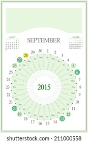 Monthly calendar for 2015. Highlighted saturday, sunday, full moon (UTC). 3:2 aspect ratio. Editable. Blank space for logo or image on the top. September.