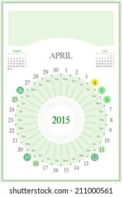 Monthly calendar for 2015. Highlighted saturday, sunday, full moon (UTC). 3:2 aspect ratio. Editable. Blank space for logo or image on the top. April.