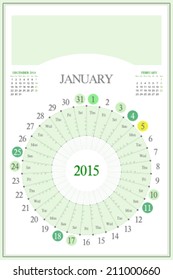 Monthly calendar for 2015. Highlighted saturday, sunday, full moon (UTC). 3:2 aspect ratio. Editable. Blank space for logo or image on the top. January.