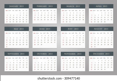 Monthly calendar 2015, vector eps10 illustration.