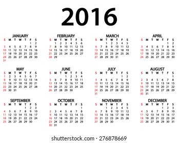 monthly calendar for 2016