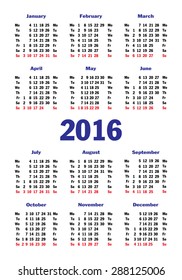 monthly calendar 2016