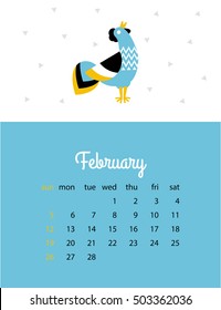 Monthly calendar for 2017. Calendar page with a picture of a decorative rooster. Vector Image.