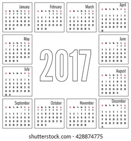 Monthly Calendar for 2017. Simple month grid template. Vector Calendar. white