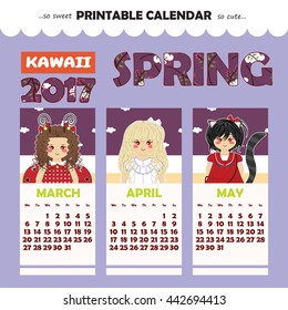 Monthly calendar 2017 year. Cute illustration of happy girls, violet background. Perfect for diary, notebook, office. Vector Printable Design. Spring month March, April, May
