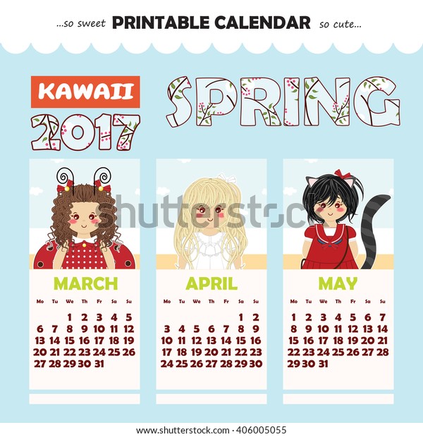 Monthly Calendar 17 Year Kawaii Illustration Stock Vector Royalty Free