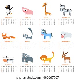 Monthly calendar 2018 with cute animals - pinguin, fox, zebra, elephant, sheep, deer, cow, cat, horse. Vector illustration for planner design, cards, printing, wallpaper