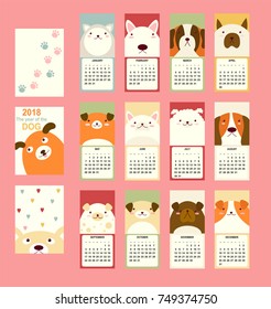 Monthly calendar 2018 with cute dog - bull terrier, husky, St. Bernard dog, jack russell terrier, basset-hound Set of vector vertical editable template. Symbol of the year in the Chinese calendar EPS8