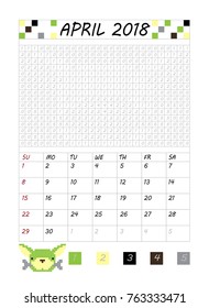 Monthly calendar 2018 with cute dogs. April. Vector illustration