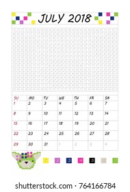 Monthly calendar 2018 with cute dogs. July. Vector illustration
