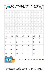 Monthly calendar 2018 with cute dogs. November. Vector illustration