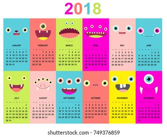 Monthly calendar 2018 with cute monsters faces of green, blue, yellow, pink, lilac and red colors. Set of vector vertical editable templates. EPS8