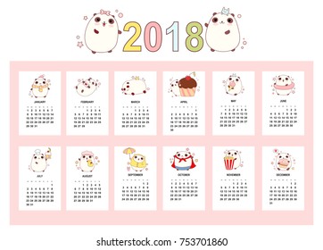 Monthly calendar 2018 with cute pandas. Set of vector vertical editable templates. EPS8