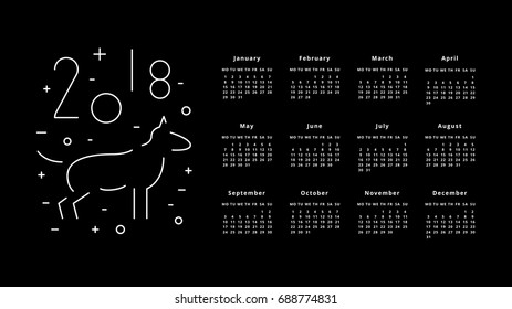 Monthly calendar 2018 with outline dog. Vector illustration for planner design, cards, printing, wallpaper