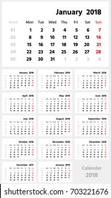 Monthly calendar for 2018 year. Week starts from Monday. Sans serif font, numbers of weeks