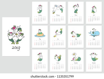 Monthly calendar 2019 template with cute cat mermaids. Vector illustration 8 EPS.