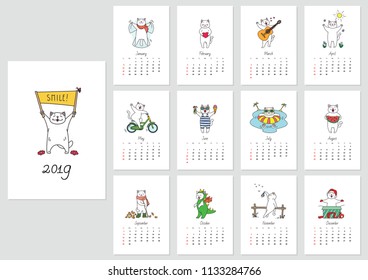 Monthly calendar 2019 template with a funny cat enjoying seasons. Vector illustration 8 EPS.