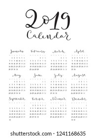 Monthly calendar for 2019 year. Handwritten modern calligraphy. Elegant, cute and stylish. Week starts on Monday. Perfect for planners, calendars, organizers.