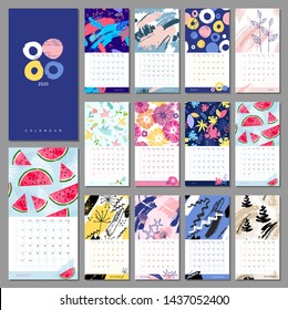Monthly calendar 2020 with abstract patterns. Printable creative template with hand drawn textures and floral elements