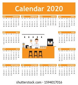 Monthly Calendar 2020 with Coffee Bar flat design vector illustration.
