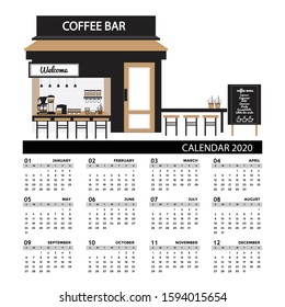 Monthly Calendar 2020 with Coffee Shop flat design vector illustration.