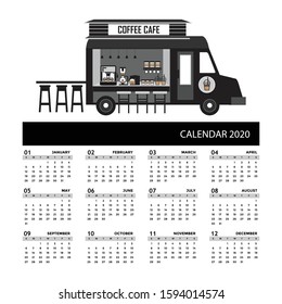 Monthly Calendar 2020 with Coffee Truck flat design vector illustration.