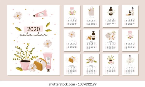 Monthly Calendar 2020. Cute printable creative template with beauty and floral elements. Vector illustration.