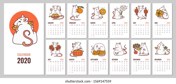 Monthly calendar 2020 with rat Chinese new year symbol. Cute mouse vector outline cartoon illustrations concept for design.