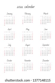 Monthly calendar 2021 template. A4. Vector illustration 8 EPS.
