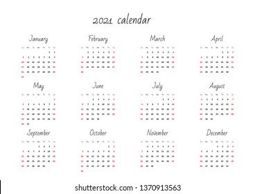 Monthly calendar 2021 template. Vector illustration 8 EPS.