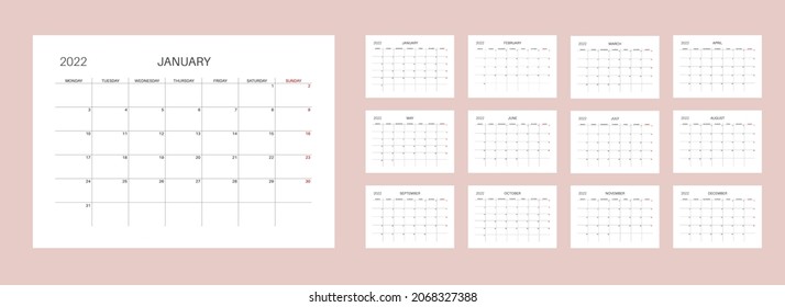 Monthly Calendar 2022. Monday week start. Paper A4, A5 size. Horizontal album layout. Printable calendar template for planners. Week number. Grunge style typography.