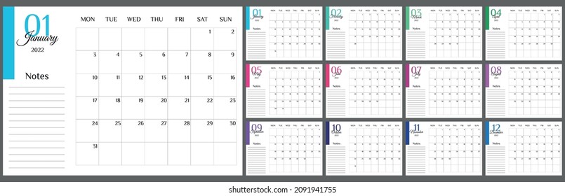 Monthly Calendar 2022. Calendar 2022 Template Planner Minimalist. Colorful Planner 2022 With Calendar. Vector Illustration. Blank White Notebook Page A4. Printable Template. Week Starts On Monday