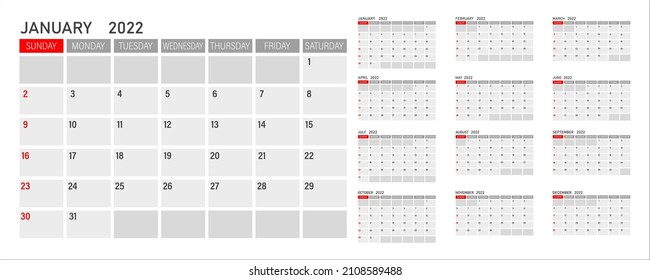 Monthly calendar for 2022. The week starts on Sunday.