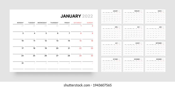 Calendario mensual para 2022 año. La semana empieza el lunes.