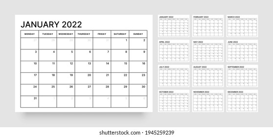 Monthly calendar for 2022 year. Week Starts on Monday.