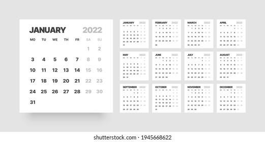 Monthly calendar for 2022 year. Week Starts on Monday.