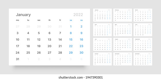 Monthly calendar for 2022 year. Week Starts on Monday.